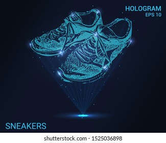 Pandecillas holográficas. Una proyección holográfica de zapatos de correr. Flujo de energía parpadeante de partículas. El diseño científico del zapato.