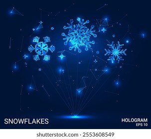 Hologram snowflakes. Snowflakes made of polygons, triangles, dots, and lines. Low-poly snowflakes structure of connections. Technology concept vector.