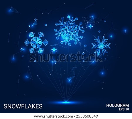 Hologram snowflakes. Snowflakes made of polygons, triangles, dots, and lines. Low-poly snowflakes structure of connections. Technology concept vector.