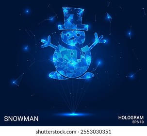 Hologramm Schneemann. Schneemann aus Polygonen, Dreiecken, Punkten und Linien. Low-Poly-Schneemann-Struktur von Verbindungen. Technologiekonzept, Vektor.