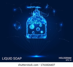 jabón holograma. Jabón líquido hecho de polígonos, triángulos de puntos y líneas. El lavado de manos es una estructura de articulaciones de bajo contenido de pólvora. El concepto tecnológico