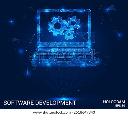 Hologram software development. Software development made of polygons, triangles, dots, and lines. Low-poly software development structure of connections. Technology concept vector.