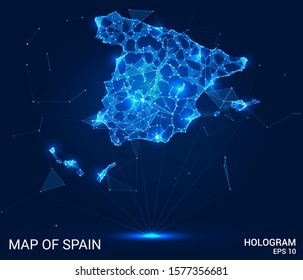 Hologram Of Spain. Map of Spain of polygons, triangles points and lines. Map of Spain low poly composite structure. Technological concept.