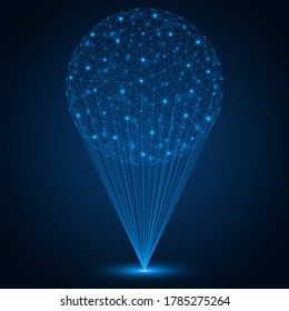 Hologram of the sphere. A projection system of multiple rays forms a spherical object. Polygonal design. Blue background.	