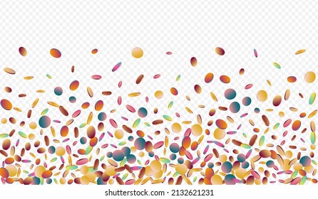 Hologram Splash Fun Transparent Background. Multicolored FallingFestive Rain Background. Christmas Backdrop. Gradient Independence Illustration.