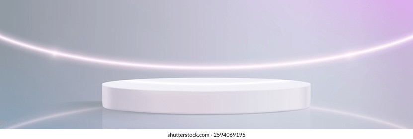 Hologram stage with white circular 3d platform on gradient background. Minimalist product display pedestal in empty space. Neon holographic light effects with curved light beam. Modern showcase mockup