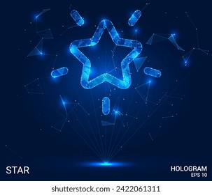 El holograma es una estrella. Una estrella hecha de polígonos, triángulos de puntos y líneas. Una estrella con esquinas redondeadas es una estructura compuesta de baja polilla. Vector de concepto de tecnología.