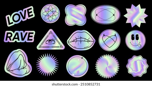 Hologram sticker label collection with holographic effect. Holographic Rainbow retro futuristic stickers