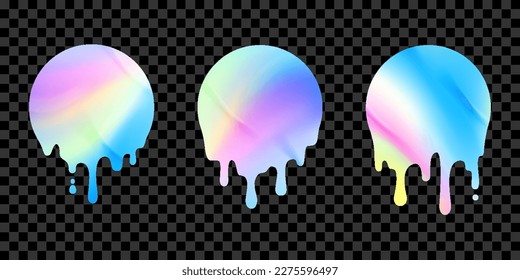 Hologram sticker label or melting round seal, vector holographic iridescent badge. Iridescent color gradient or holographic sticker of original official product, holograph foil tag with melt drip drop