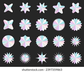 Conjunto de stickers de holograma, colección de etiquetas vectoriales. El conjunto incluye varias formas geométricas adornadas con un efecto de lámina de brillo, un diseño visualmente atractivo y dinámico para pegatinas holográficas.
