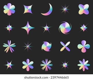 Hologram sticker set, collection of vector labels. The set includes various geometric shapes adorned with a glitter foil effect, visually appealing and dynamic design for holographic stickers.