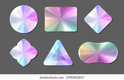 Hologram sticker shapes with rainbow gradient surface - circle, square, rhombus, rounded, triangle and abstract forms. Iridescent texture elements on gray background for modern design materials.