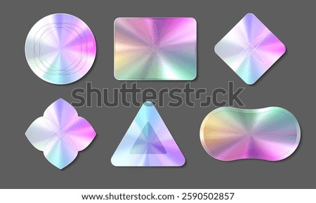 Hologram sticker shapes with rainbow gradient surface - circle, square, rhombus, rounded, triangle and abstract forms. Iridescent texture elements on gray background for modern design materials.