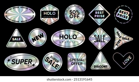 Pegatinas de holograma e iconos de emblemas con etiquetas. Sellos holográficos con textura iridiscente para la venta, oferta especial, mejor Precio y otros. Símbolos y objetos adhesivos iridiscentes de papel de arcoíris. Vector