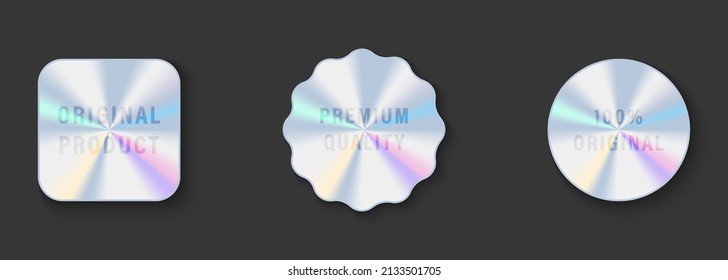 Hologramm Stickers in geometrischen Formen Symbol. Premium-Qualität, beste Wahl, Original, offizielles Produktholografisches Label. Holografische Stempelqualitätszertifizierung. Einzelne Vektorgrafik.