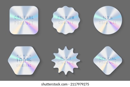 Hologram Stickers in Geometric Shapes Pictogram. Premium Quality, Best Choice, Original, Official Product Holographic Label. Holography Gradient Seal Template. Isolated Vector Illustration