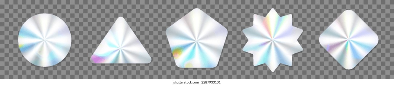 Hologram stickers, holograph labels or holographic tags vector iridescent seals. Silver foil holographic star sticker for genuine product certificate and hologram label tag