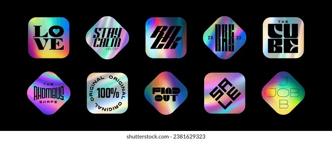 Hologram stickers, holographic labels with rainbow texture, vector original product stamp. Hologram sticker for product guarantee and premium quality