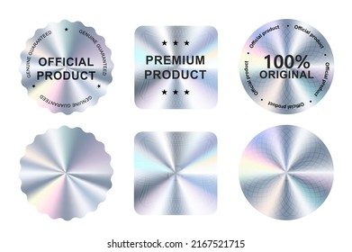 Hologram stickers, holographic labels with silver texture, vector original product stamp. Hologram sticker for official product guarantee and premium quality 100 percent genuine holographic seal - Shutterstock ID 2167521715