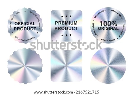 Hologram stickers, holographic labels with silver texture, vector original product stamp. Hologram sticker for official product guarantee and premium quality 100 percent genuine holographic seal 商業照片 © 