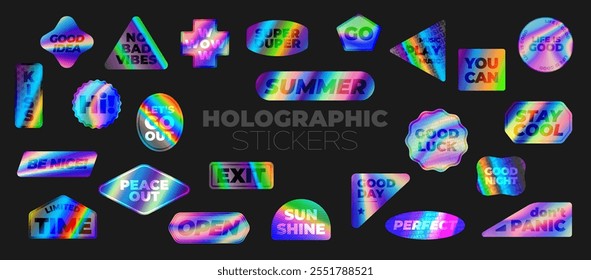 Etiquetas engomadas del holograma, etiquetas y etiquetas iridiscentes del Vector del gradiente y2k. Insignias y etiquetas geométricas de holograma de color neón. Paquete de pegatinas holográficas iridiscentes en forma de cuadrado, círculo, triángulo, estrella y cruz