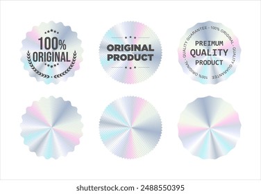 Hologram stickers or labels with holographic premium quality text vector illustration 