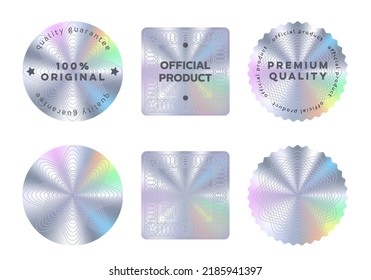 Hologram stickers labels and holographic texture  Vector silver round  square   wavy product quality guarantee badge  original official seal  Realistic holograms for product packaging