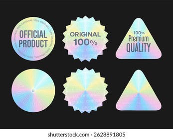 Adesivos ou rótulos holográficos com textura holográfica produto original e qualidade premium isolado no fundo branco 