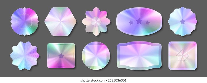 Hologram stickers set with gradient iridescent shapes. Multicolored premium labels in geometric forms with rainbow spectrum. Security seals collection for product authentication. Realistic holo emblem