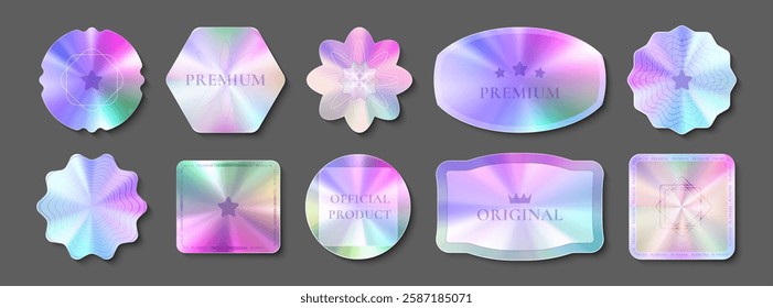 Hologram stickers set with gradient iridescent shapes. Multicolored premium labels in geometric forms with rainbow spectrum. Security seals collection for product authentication. Realistic holo emblem