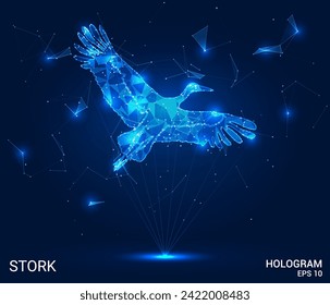 A hologram of a stork. The stork flies from polygons, triangles of dots and lines. Stork low-poly compound structure. Technology concept vector.
