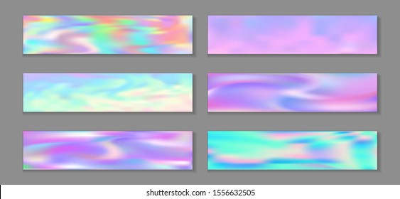 Hologram stylish banner horizontal fluid gradient mermaid backgrounds vector collection. Fairy neon holo texture gradients. Fluid graphic design minimal mermaid backgrounds.