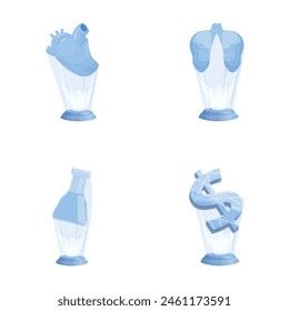 Hologram stylized icons set cartoon vector. Heart, lung, flask and dollar hologram. Future technology