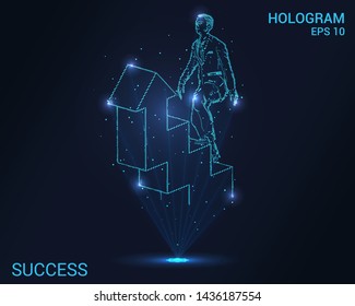 Hologram of success. A man in a suit climbs the stairs. Flickering energy flux of particles. Scientific success design.