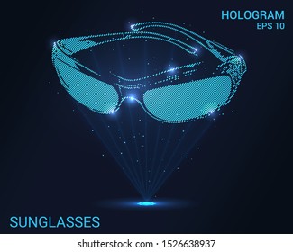 Hologram sunglasses. Holographic projection of glasses. Flickering energy flux of particles. Scientific fashion design.