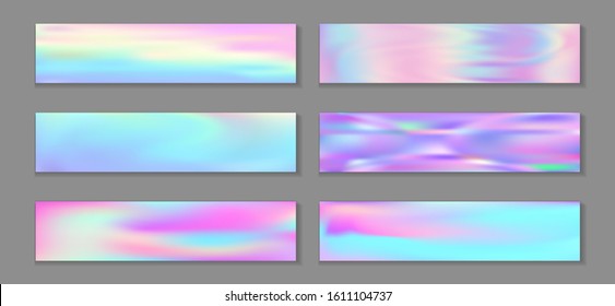 Hologram surreal banner horizontal fluid gradient mermaid backgrounds vector collection. Fairy hologram texture gradients. Fluid liquid print minimal mermaid backgrounds.