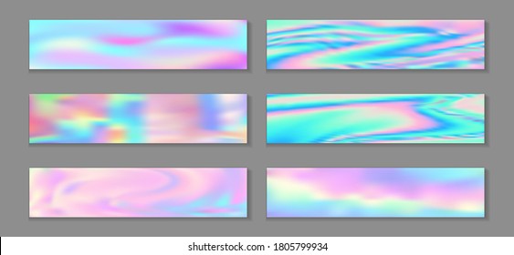 Hologram surreal banner horizontal fluid gradient princess backgrounds vector set. Romantic hologram texture gradients. Fluid liquid effect abstract princess backgrounds.