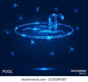 Un holograma de una piscina. Un conjunto de polígonos, triángulos de puntos y líneas. La piscina es una estructura compuesta de bajo poli. Vector de concepto de Tecnología.