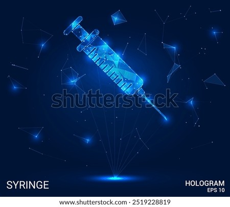 Hologram syringe. Syringe made of polygons, triangles, dots, and lines. Low-poly syringe structure of connections. Technology concept vector.