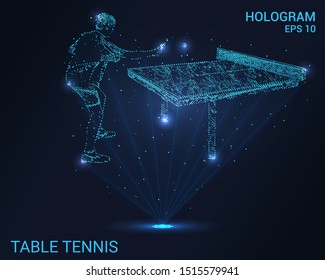 Hologram table tennis. Holographic projection table tennis. Flickering energy flux of particles. The scientific design of the sport.