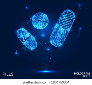 Hologramm der Tablette. Pillen aus Polygone, Dreiecke von Punkten und Linien. Drogen sind Low-Poly-Verbindungen-Struktur. Das Technologiekonzept.