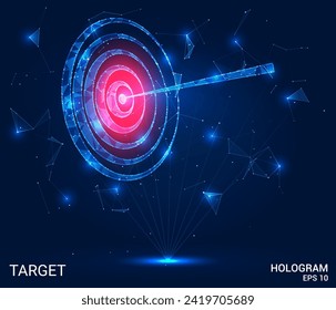 The hologram is the target. A target with an arrow made of polygons, triangles of points and lines. A target with an arrow is a low-poly compound structure. Technology concept vector.