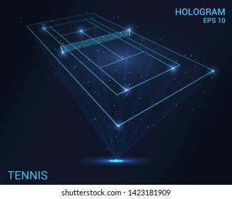 Tenis holograma. Proyección holográfica de la pista de tenis. Flujo de energía parpadeante de partículas. El diseño científico del deporte.