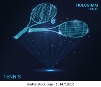 Hologram tennis. Holographic projection tennis racket and ball. Flickering energy flux of particles. The scientific design of the sport.