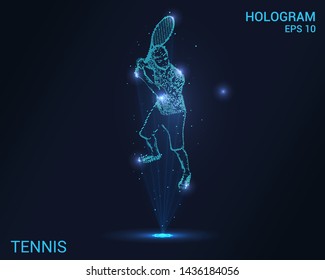 Hologram tennis. Tennis player with a racket hits the ball. Flickering energy flux of particles. The scientific design of the sport.