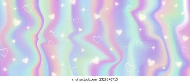 Hologram texture background with stars and sparkles. Iridescent striped gradient. Neon rainbow pastel foil. Unicorn pearl wallpaper. Vector.