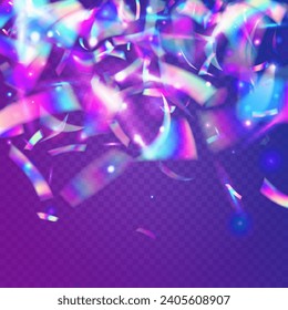 Hologram Texture. Laser Flyer. Light Tinsel. Festive Art. Transparent Sparkles. Retro Abstract Decoration. Flying Foil. Pink Metal Background. Purple Hologram Texture