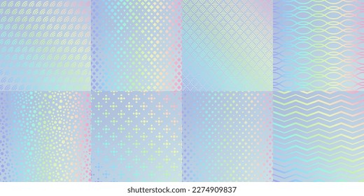 Hologram texture patterns, glitter foil with rainbow, vector seamless backgrounds set. Flaring wrapping paper with metal gradient ornament. Geometric Iridescent luminous decorative wrapping paper