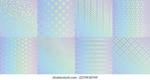 Hologram texture patterns, glitter foil with rainbow. Vector gradient iridescent backgrounds set. Shining trendy multicolor luminous decorative seamless ornamental backdrop, wrapping paper, wallpaper