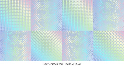 Hologram texture patterns, glitter foil rainbow gradient. Vector iridescent seamless backgrounds, wrapping paper with metal glittering geometricornament, flowers and stars, decorative backdrop set